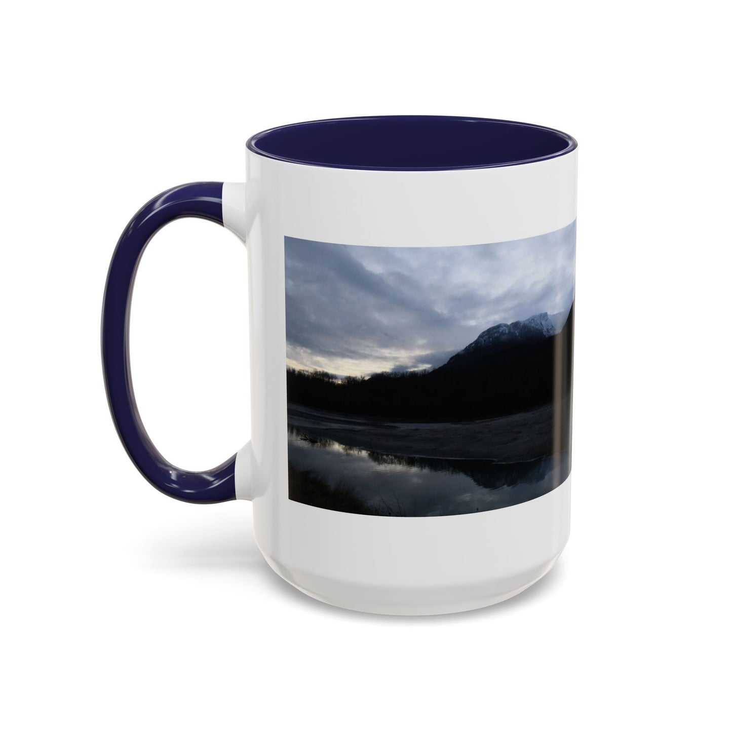 Scenic Mountain Lake Accent Coffee Mug — Moody Sunset Reflection (11oz & 15oz)