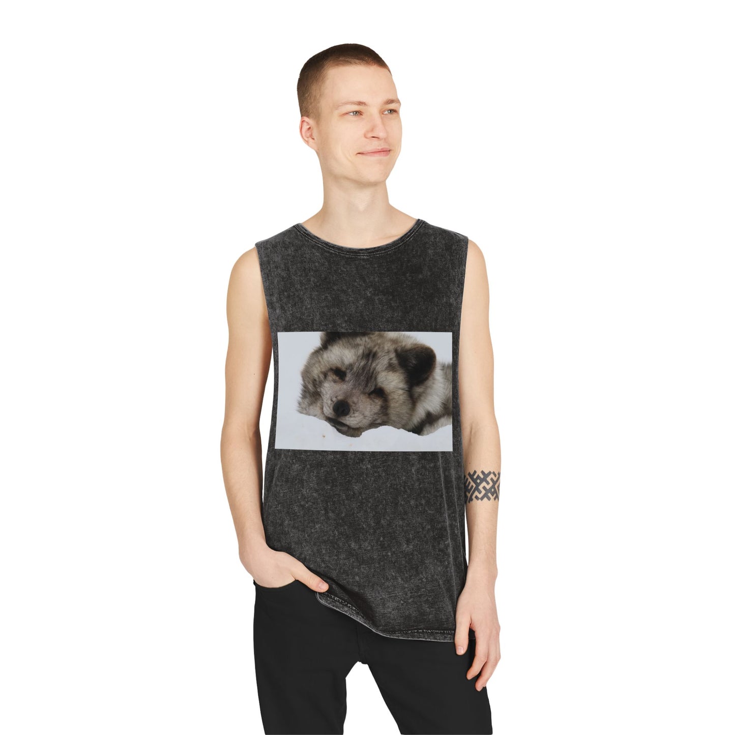 Arctic Fox Sleeping Photo Tank Top — Vintage Stonewash Sleeveless Tee