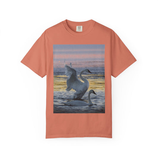 Dawn's Ethereal Dance: Trumpeter Swans in Silhouette, Wildlife Photography Landscapephotography shirts
