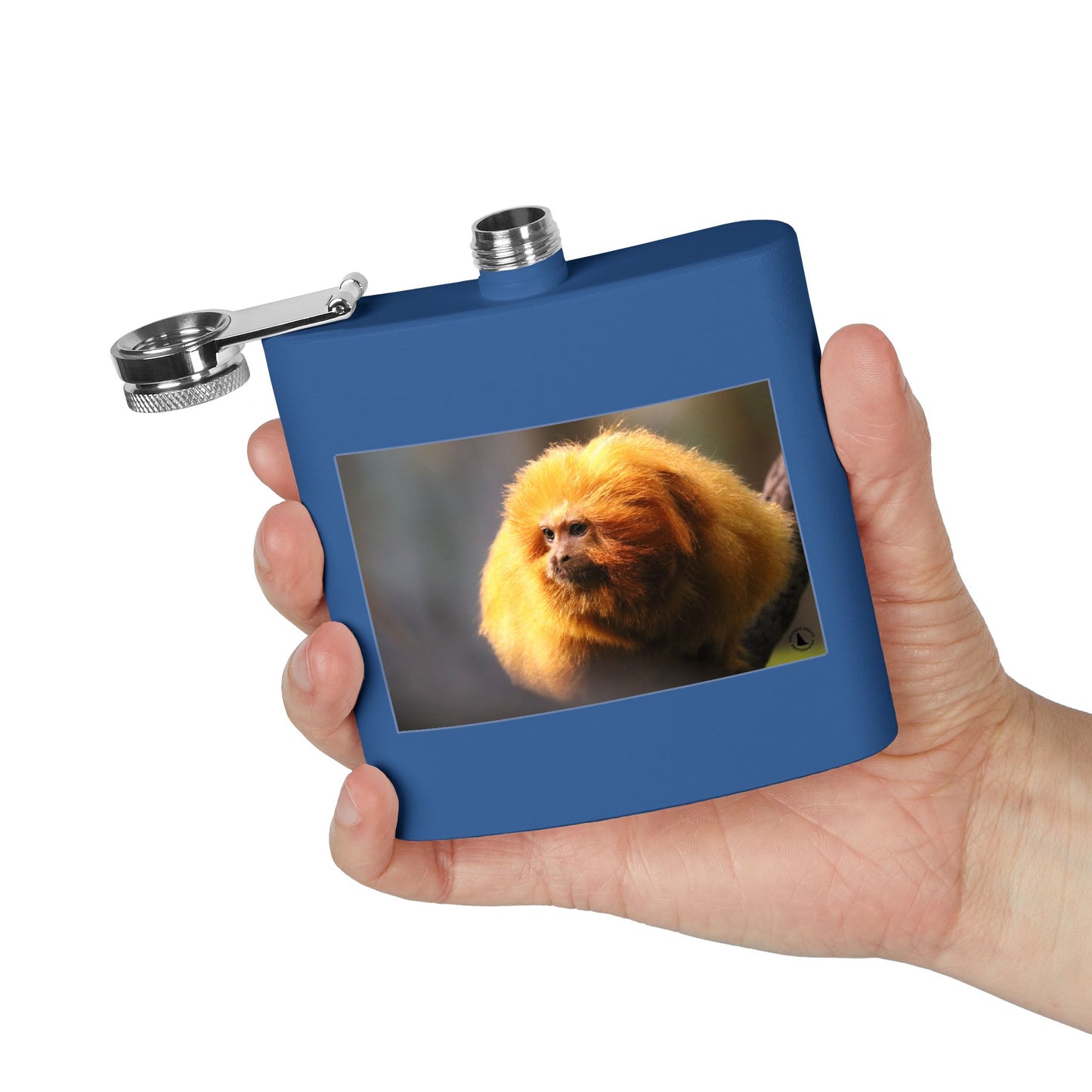6oz Stainless Steel Flask with Golden Lion Tamarin Photo