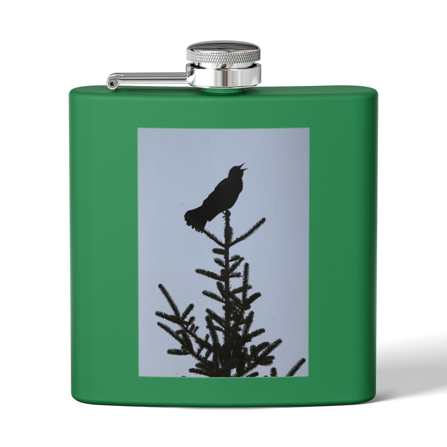 6oz Stainless Steel Flask — Silhouette Bird on Spruce Design