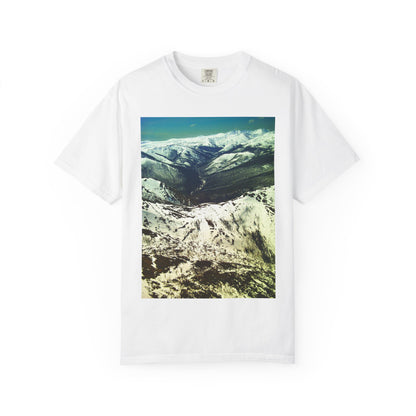 Alpine Winter Panorama: Aerial Mountain Landscape, Snow-Capped Wilderness, Pristine Winter Terrainphotography shirts