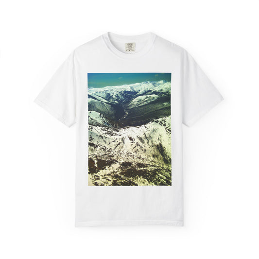 Alpine Winter Panorama: Aerial Mountain Landscape, Snow-Capped Wilderness, Pristine Winter Terrainphotography shirts