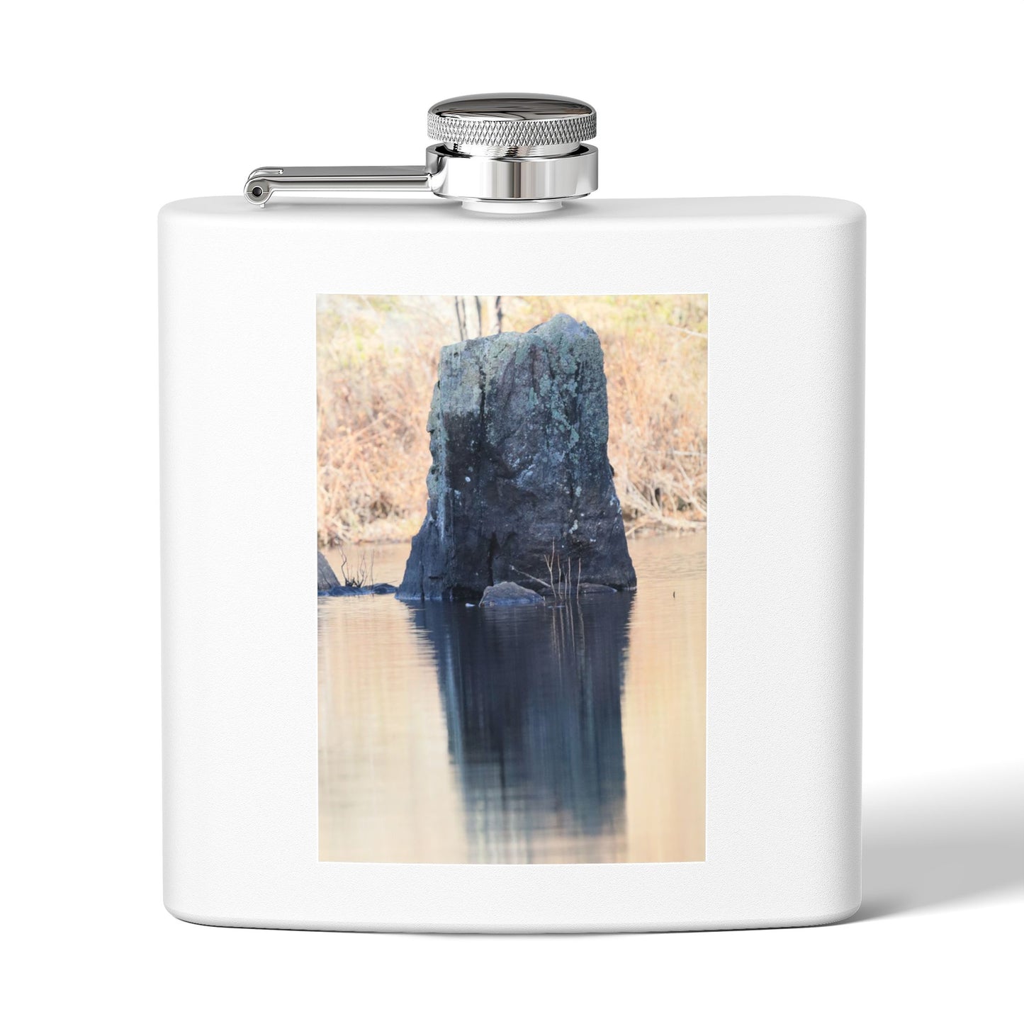 6oz Stainless Steel Flask with Tranquil Lake Rock Photo – Portable Outdoor Hip Flask