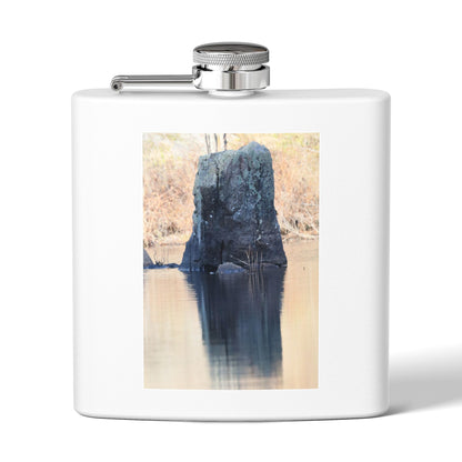 6oz Stainless Steel Flask with Tranquil Lake Rock Photo – Portable Outdoor Hip Flask