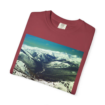 Alpine Winter Panorama: Aerial Mountain Landscape, Snow-Capped Wilderness, Pristine Winter Terrainphotography shirts